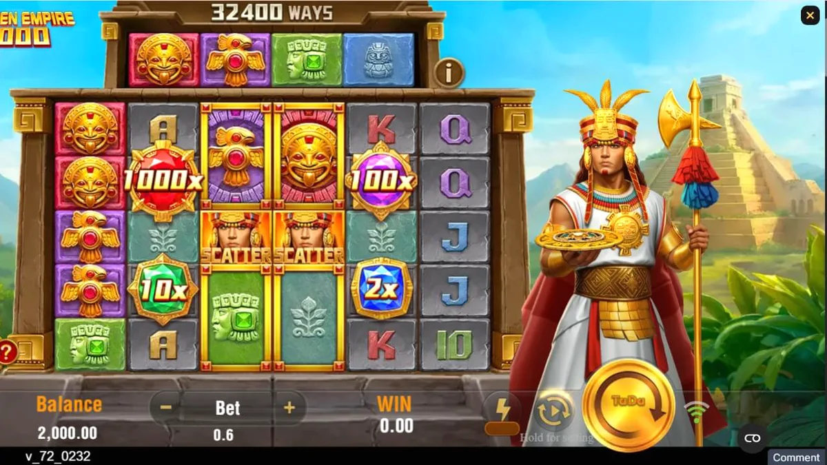 Visual detalhado do slot Golden Empire 1000 com tema de templos maias